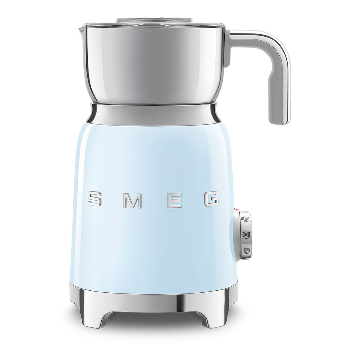 Pastel blue Smeg milk frother with induction technology for precise temperature control.