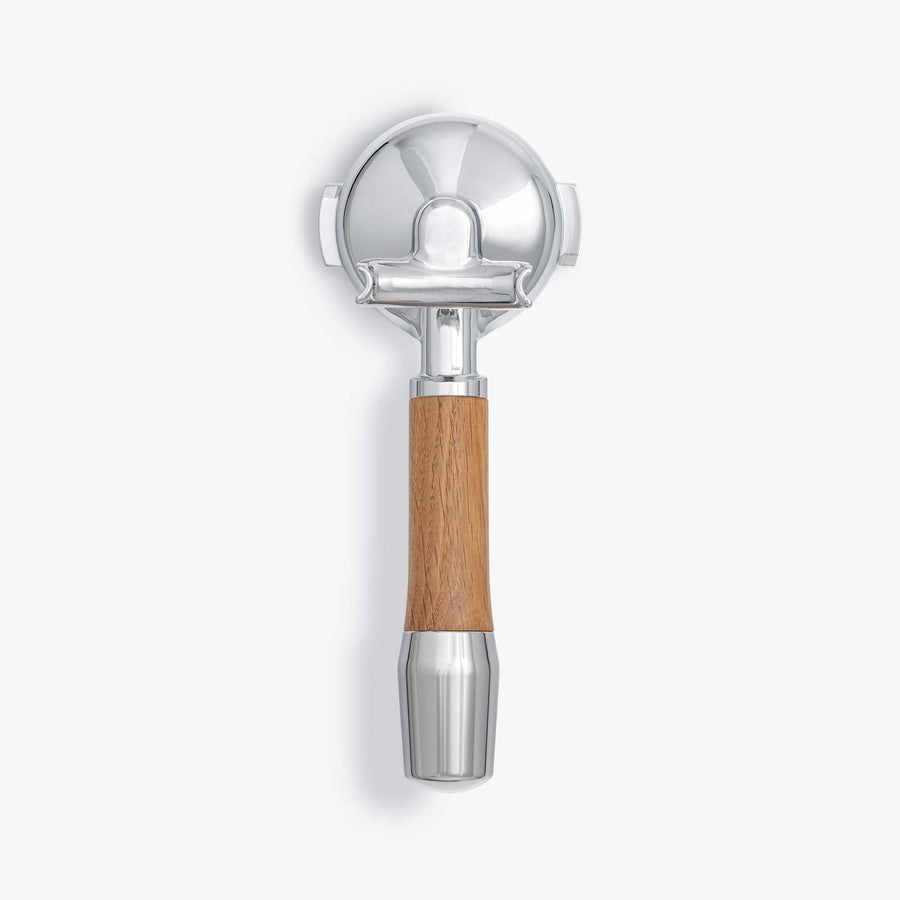 Wiedeman Siebträger 2er with ergonomic oak wood handle and stainless steel head for ECM 58mm espresso machines.