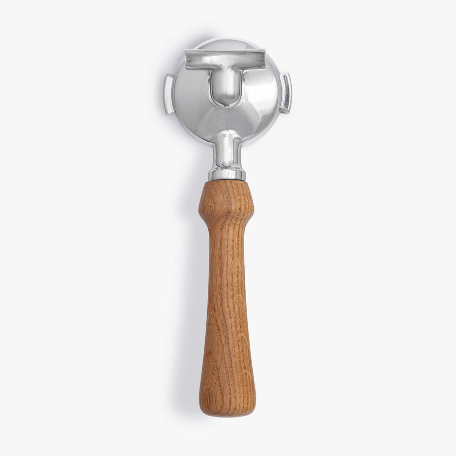 Wiedeman Siebträger 2er Auslauf with oak wood handle for Rocket 58mm espresso machines.