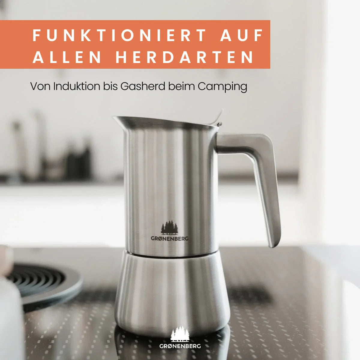 Groenenberg Espressokocher Edelstahl für 6 Tassen, induktionsgeeignet, hitzebeständig, spülmaschinenfest.