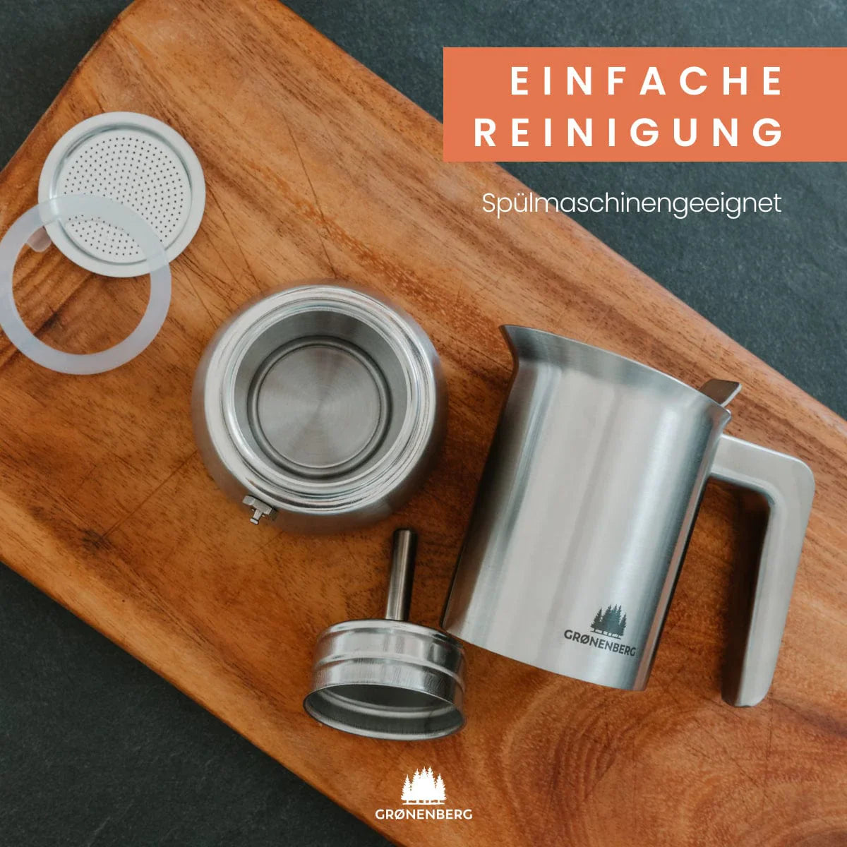 Groenenberg Espressokocher Edelstahl Teile auf Holzbrett, spülmaschinengeeignet.