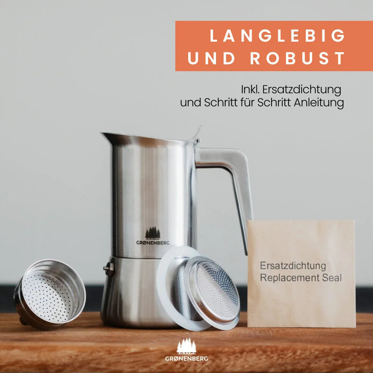 Espressokocher aus Edelstahl für 4 Tassen mit Ersatzdichtungsring, geeignet für Induktion.