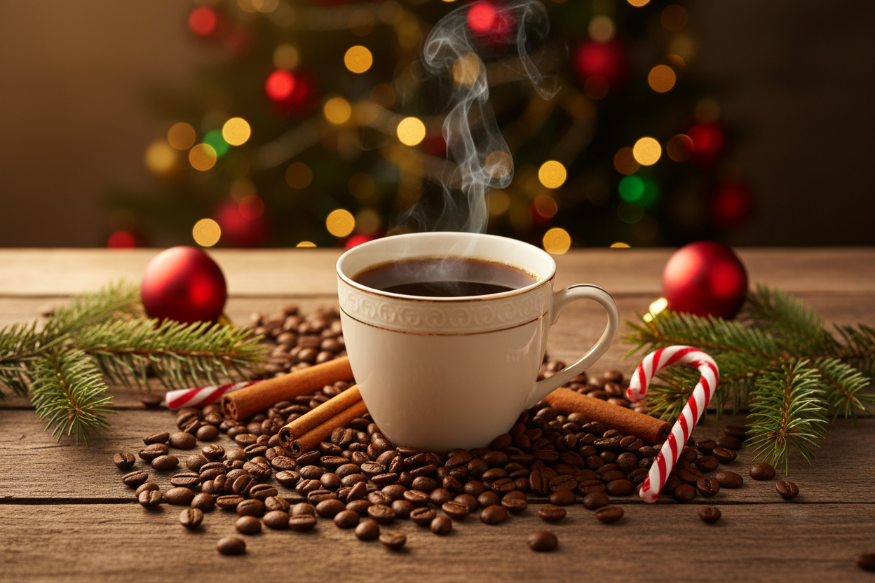 kaffeetasse und kaffeebohnen weihnachten