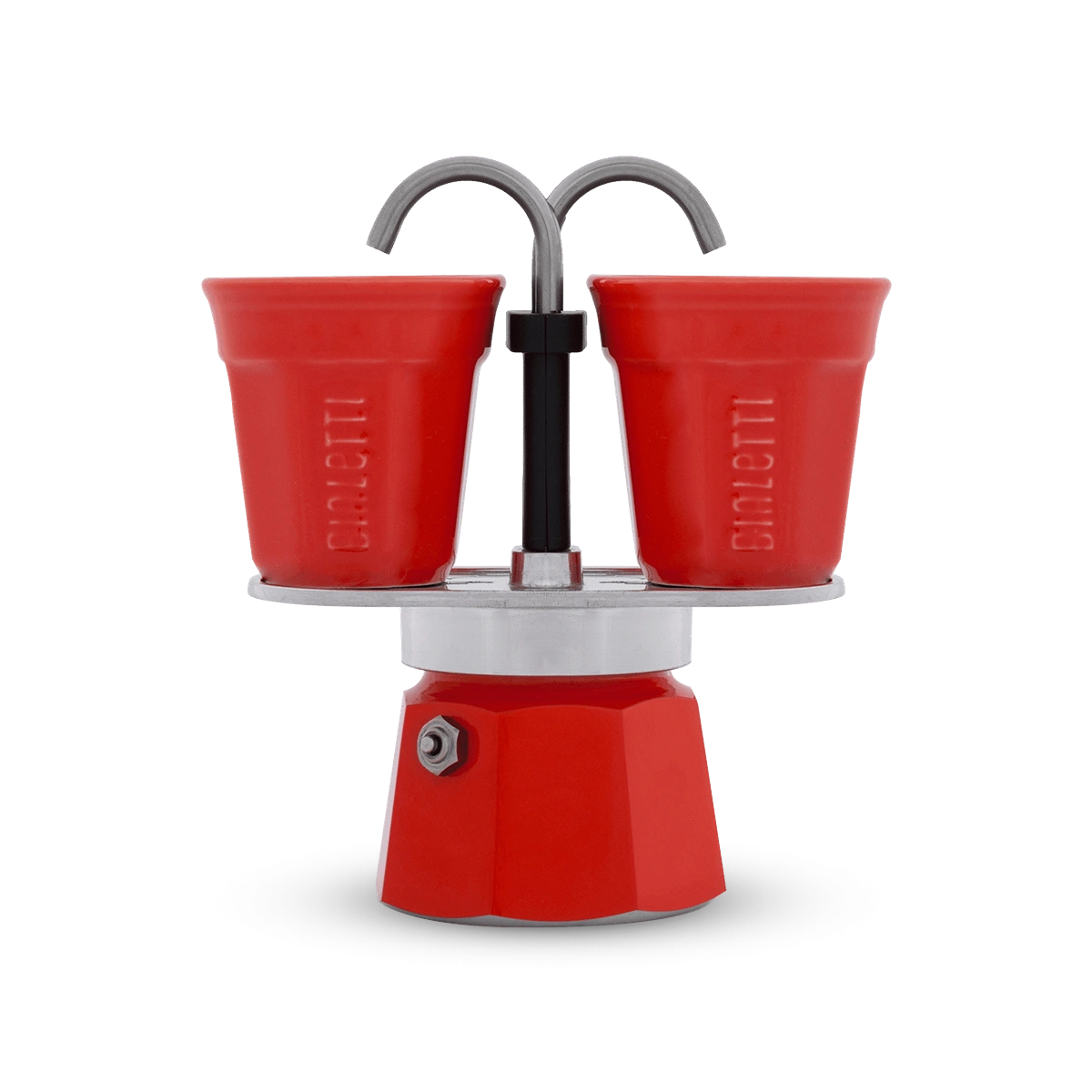 Bialetti Mini Express espresso maker with two red ceramic cups.