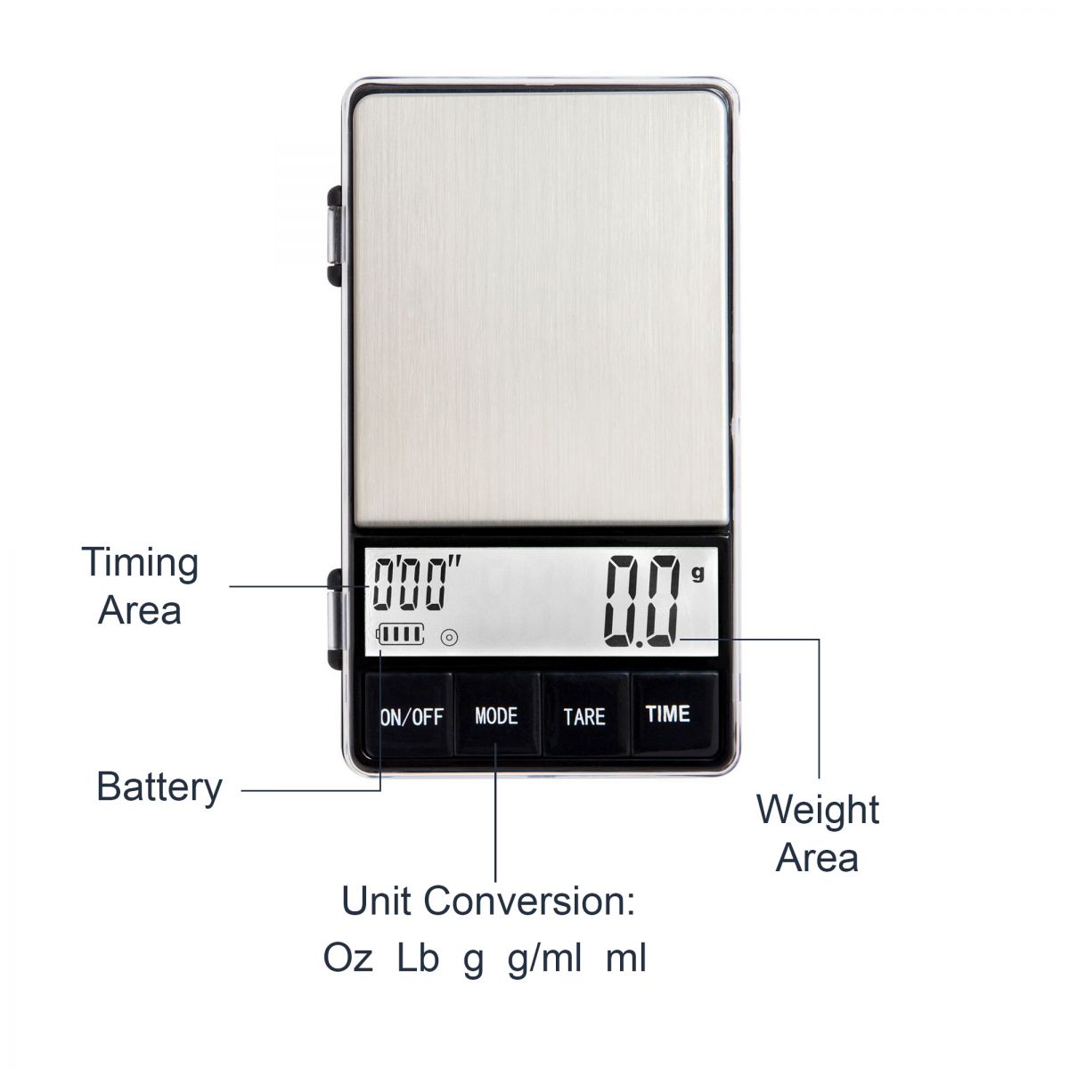 Joefrex Espresso Waage with Timer, precise 0.1g measurement, intuitive buttons, and compact design.